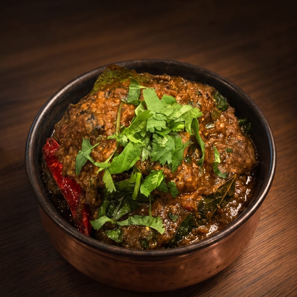 A dark, rich curry garnished with fresh cilantro and red chilies in a copper bowl.