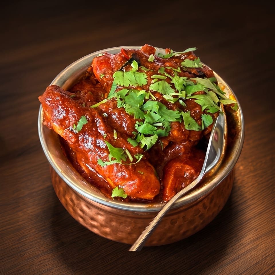 Spicy chicken curry with fresh cilantro in a hammered copper bowl on a dark wooden table.