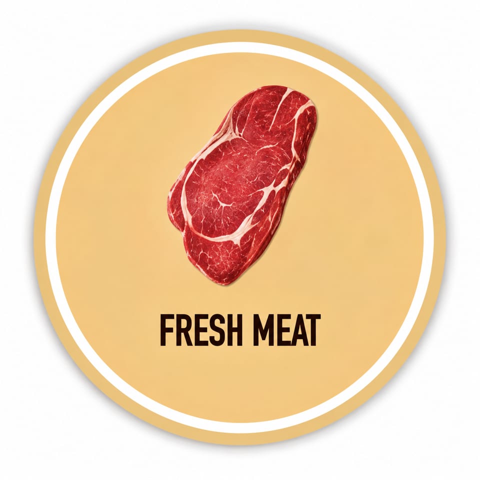 Raw meat cut and "FRESH MEAT" text on a circular orange graphic.