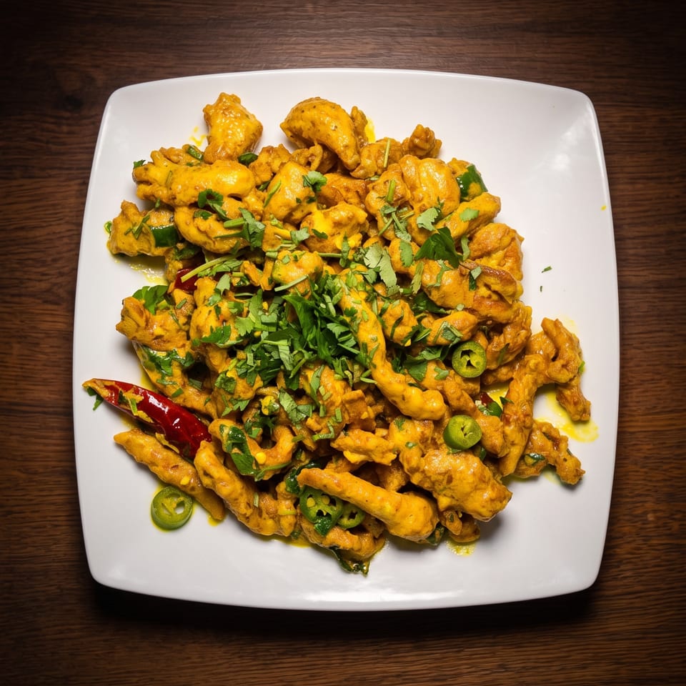 Spicy yellow chicken dish garnished with fresh cilantro, green and red chilies on a white plate.