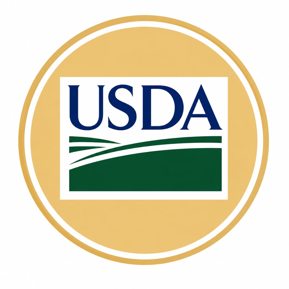 USDA logo in blue and green, inside a gold circular border.