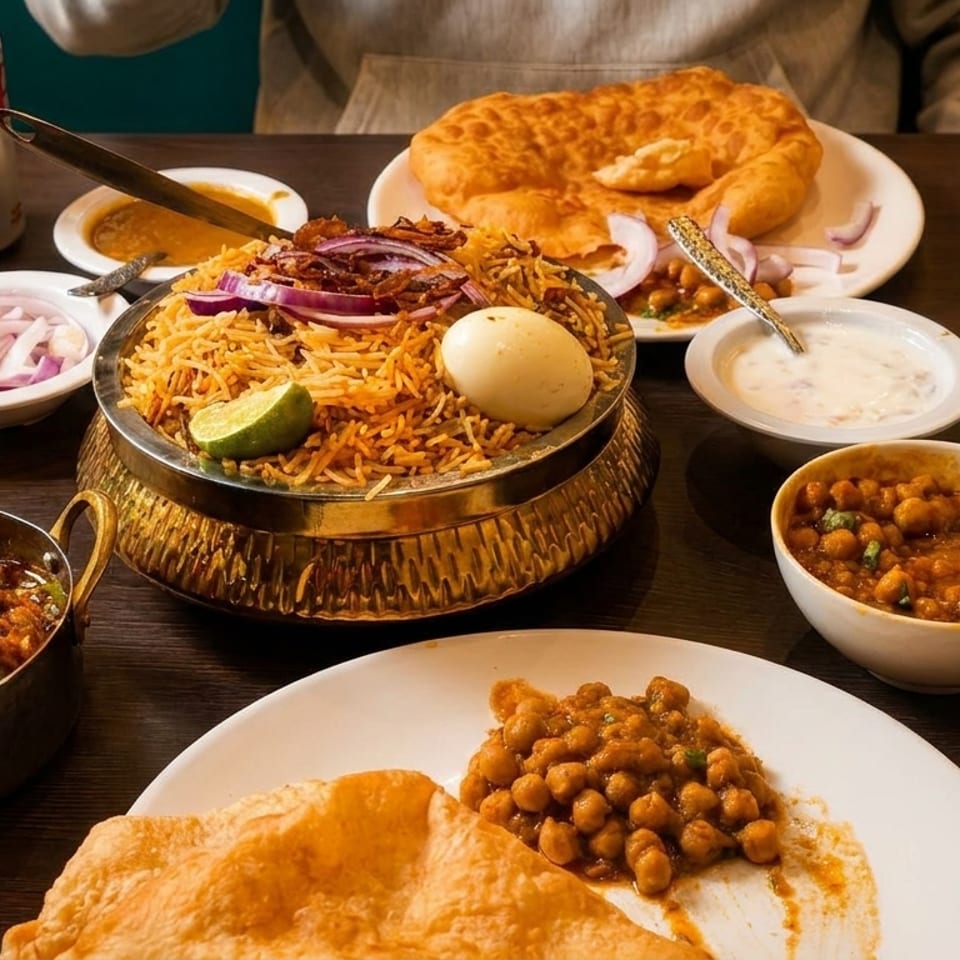 Delicious Indian feast with biryani, fried bread, chickpea curry, and other flavorful dishes.