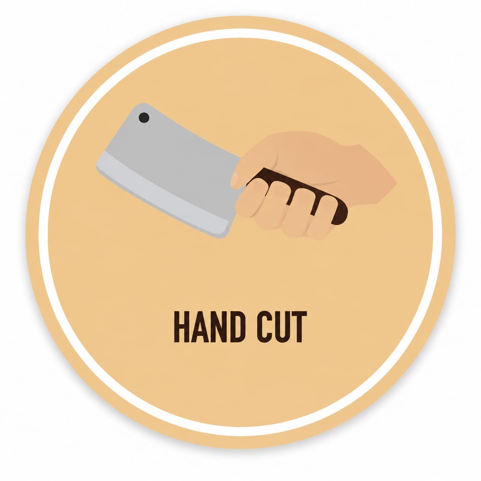 Hand holding a cleaver with "HAND CUT" text in a circular icon.