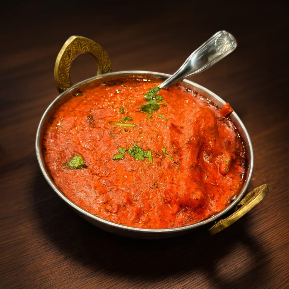 Vibrant red Indian curry in a traditional metal karahi bowl with a spoon and cilantro.