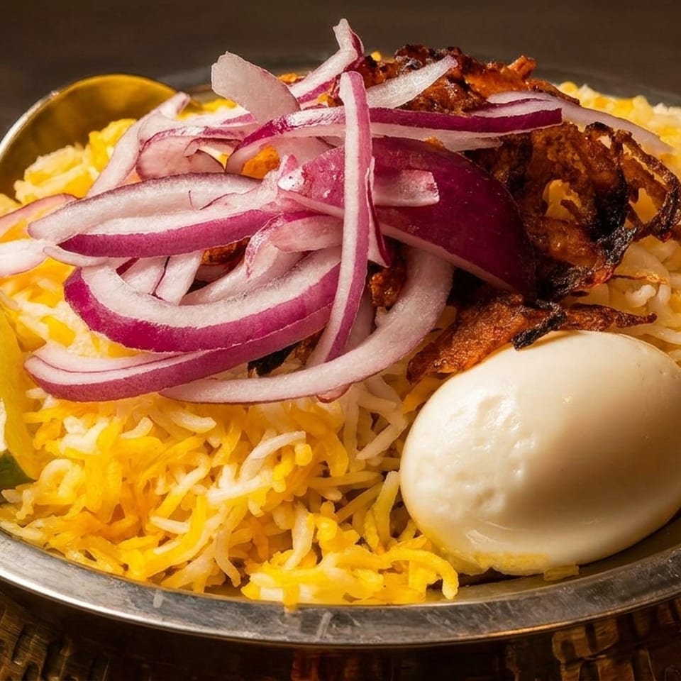Flavorful biryani with yellow rice, red onions, crispy fried onions, a boiled egg, and lime.
