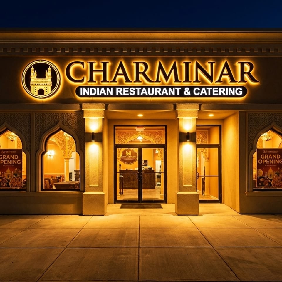 Illuminated Charminar Indian Restaurant exterior at night, featuring arched windows and a grand opening sign.